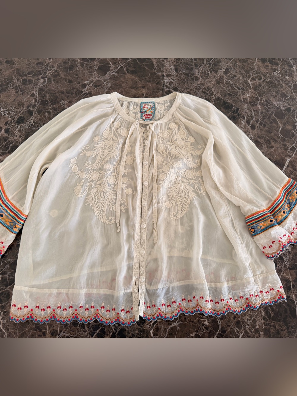 Johnny Was White Sheer Embroidered Blouse with Trim